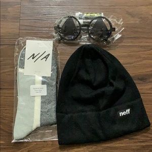 Black Neff Acrylic beanie, n/a socks, etc bundle